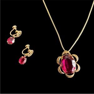 Vintage Set of 12K Gold Filled Filigree Red Necklace & Screw Back Earrings